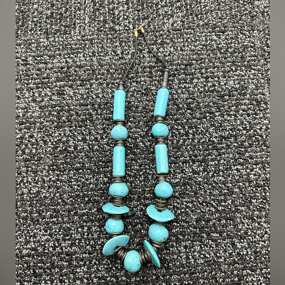Southwestern Turquoise Color Beaded Necklace Brass Spacers Boho Tribal Style
